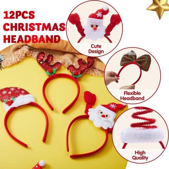 12-Pack Christmas Headbands Assorted Designs for Women, Men & Kids Party Hats - Picture 4 of 9